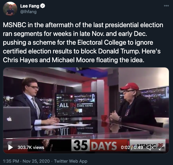 MSNBC's  @chrislhayes calls it "sedition" for Republicans to question the Electoral College vote. But after Trump won in 2016, he and Michael Moore pitched Democratic Electoral College voters to ignore their states' popular votes.  https://twitter.com/lhfang/status/1331667745780338688