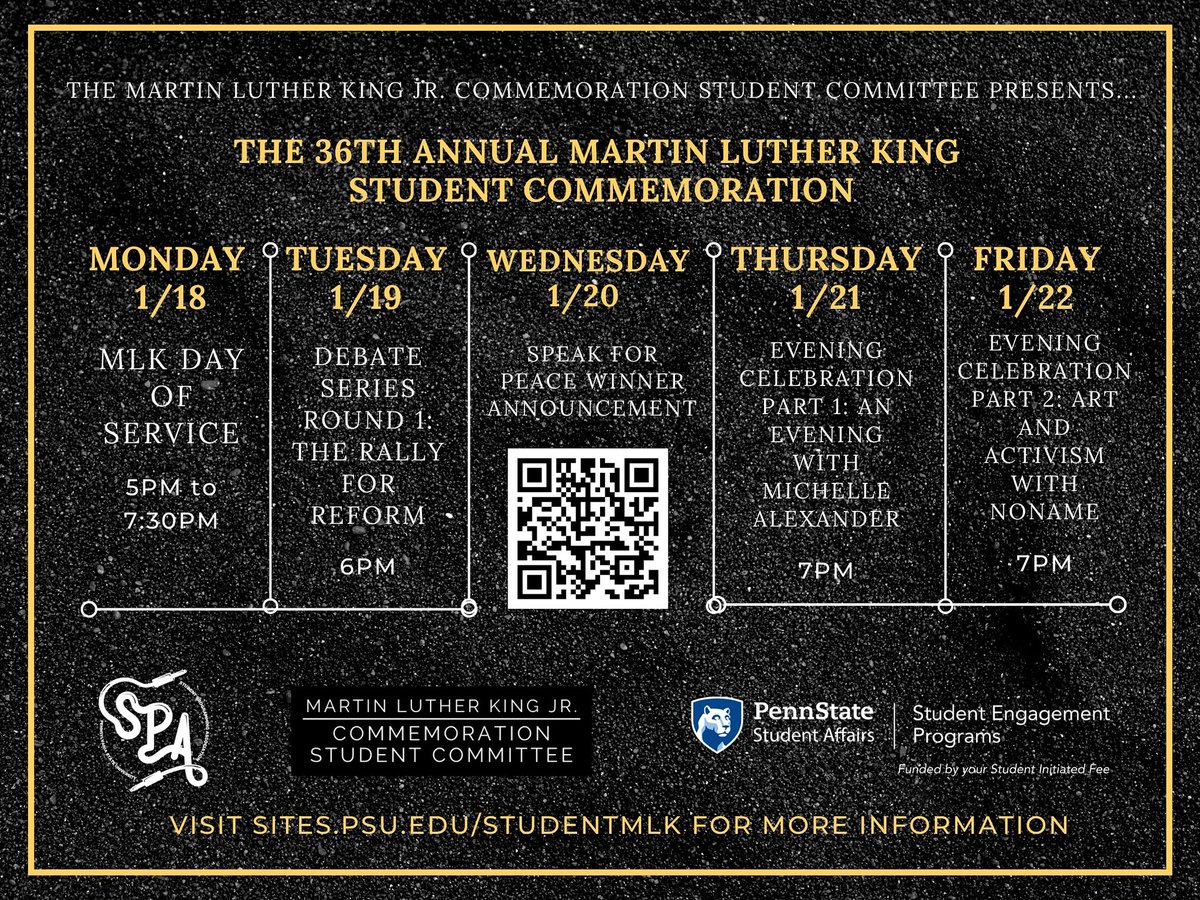 PSU_MLK's tweet image. The 36th Annual MLK Jr. Commemoration starts tomorrow! We are so excited for this lineup of events. Spend your day off at our annual Day of Service, connect with Michelle Alexander and Noname, and more! See you tomorrow night!