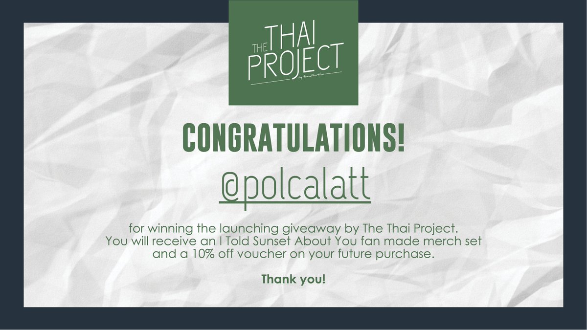thethaiproject's tweet photo. Congratulations, @polcalatt! 🎉🎉🎉

Kindly send me a DM on how you can claim your prize. Thank you!

I would also like to thank all those who joined this giveaway. I hope you'll continue supporting The Thai Project. Stay tuned for more fan made merch and giveaways. 💕 https://t.co/tw7RFWeMdN
