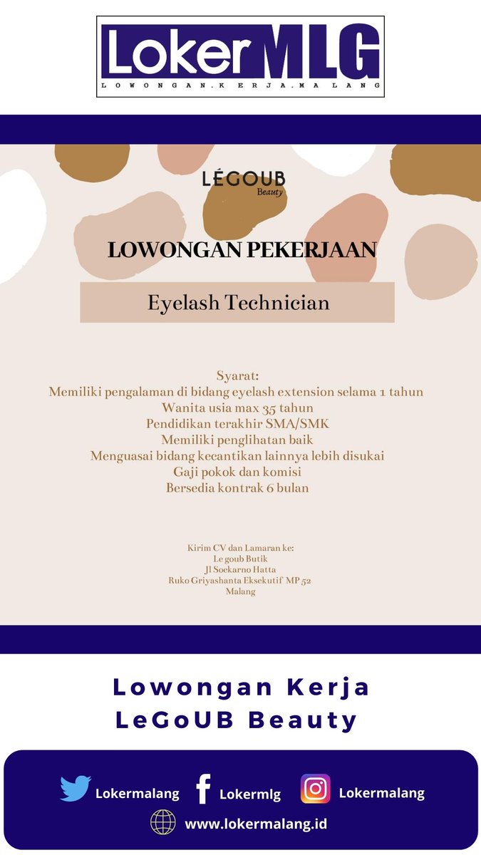 📷 #Lokermalang

LE GOUB BOUTIQUE

WE ARE HIRING!

Eyelash Technician 

____
Lamaran dikirim ke :
Le goub Boutique
Jl Soekarno Hatta, Ruko Griyashanta Eksekutif MP52 Malang atau WA ke 0813 57029264
