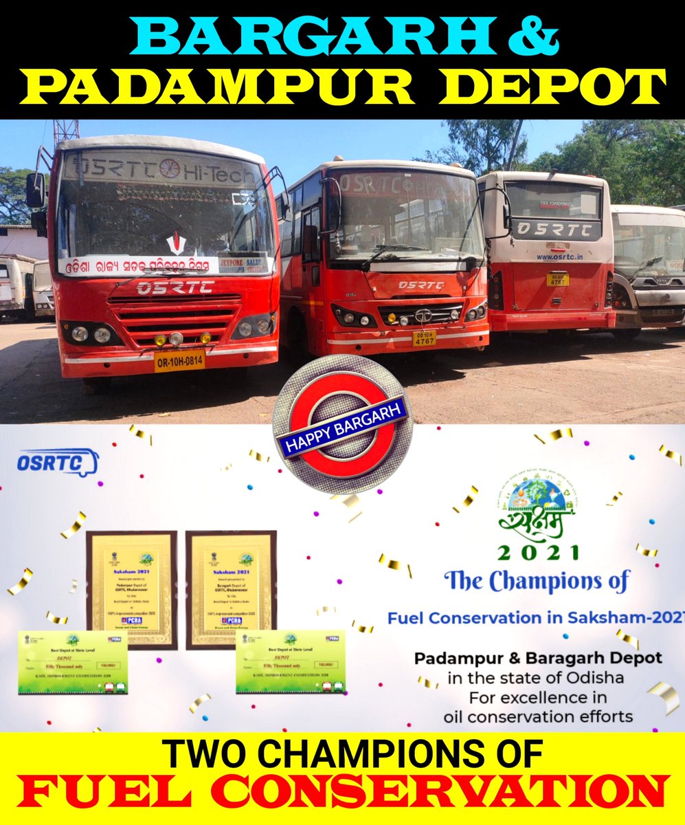 Happy_Bargarh's tweet photo. Congratulations ☺😊😇
#Padampur & #Bargarh depot bag the prestigious #BestDepotAward for excellence in #Oilconservation efforts at State Level on Fuel Conservation in Saksham-2021
Copied From @OSRTC_Odisha https://t.co/rtmQhj3Ay0