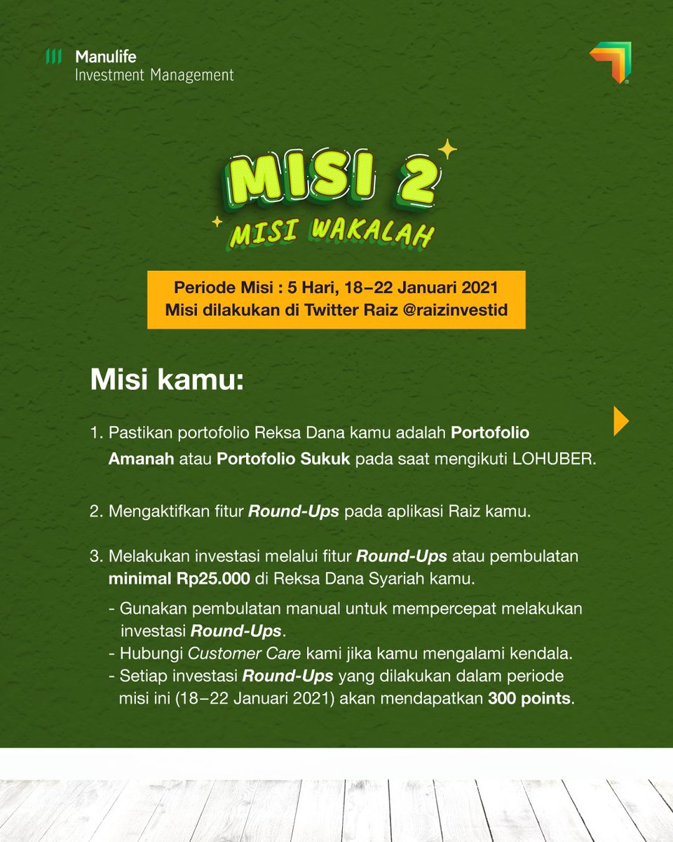 Raizinvestid's tweet photo. Misi ini adalah Misi Wakalah. Misi ini akan di lakukan di Platform media sosial Twitter. 

PS : jangan lupa menonton Video Misi  Wakalah bersama @reksa.dana.manulife malam ini

(1/2) https://t.co/pd1EL2ihaJ