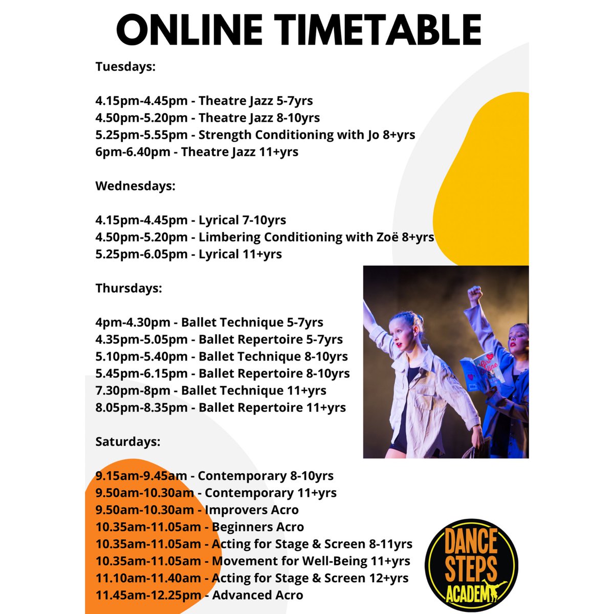DanceSacademy's tweet photo. We are so excited for our 4 week online timetable to commence this week! There is still time to book if you haven’t already 🙌🏻🧡🖤
#taketherightstepsintodance #onlinedanceclasses #dancestepsacademy #billericay #essex https://t.co/lfnL5GhpaB