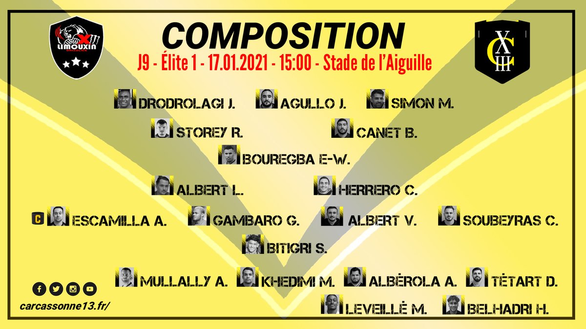CarcassonneXIII's tweet photo. Remaniements pour cet après-midi contre @XIII_Limouxin; retour de Soubeyras, Gambaro placé au centre, @RobbieStorey10 en seconde ligne, Agullo au talon, Tétard sur le banc. Derby encore à huis clos mais mis sur Youtube par les limouxins et diffusé sur @Marseillettefm #E1LIMCXIII https://t.co/0Mm6xPj4C6