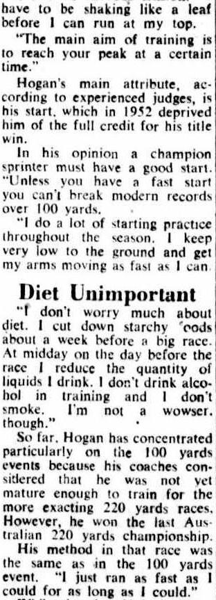 patbirgan's tweet photo. In 1954, 2 months after running 9.3y/10.2 Hector Hogan (OG56 Bronze) gave an account of his training regime. It makes for interesting reading. The Qlder ran the equivalent of 10.44 on grass and make me wonder what he would have done on a synthetic track. #pastblast #100yards https://t.co/931VpKSWr7
