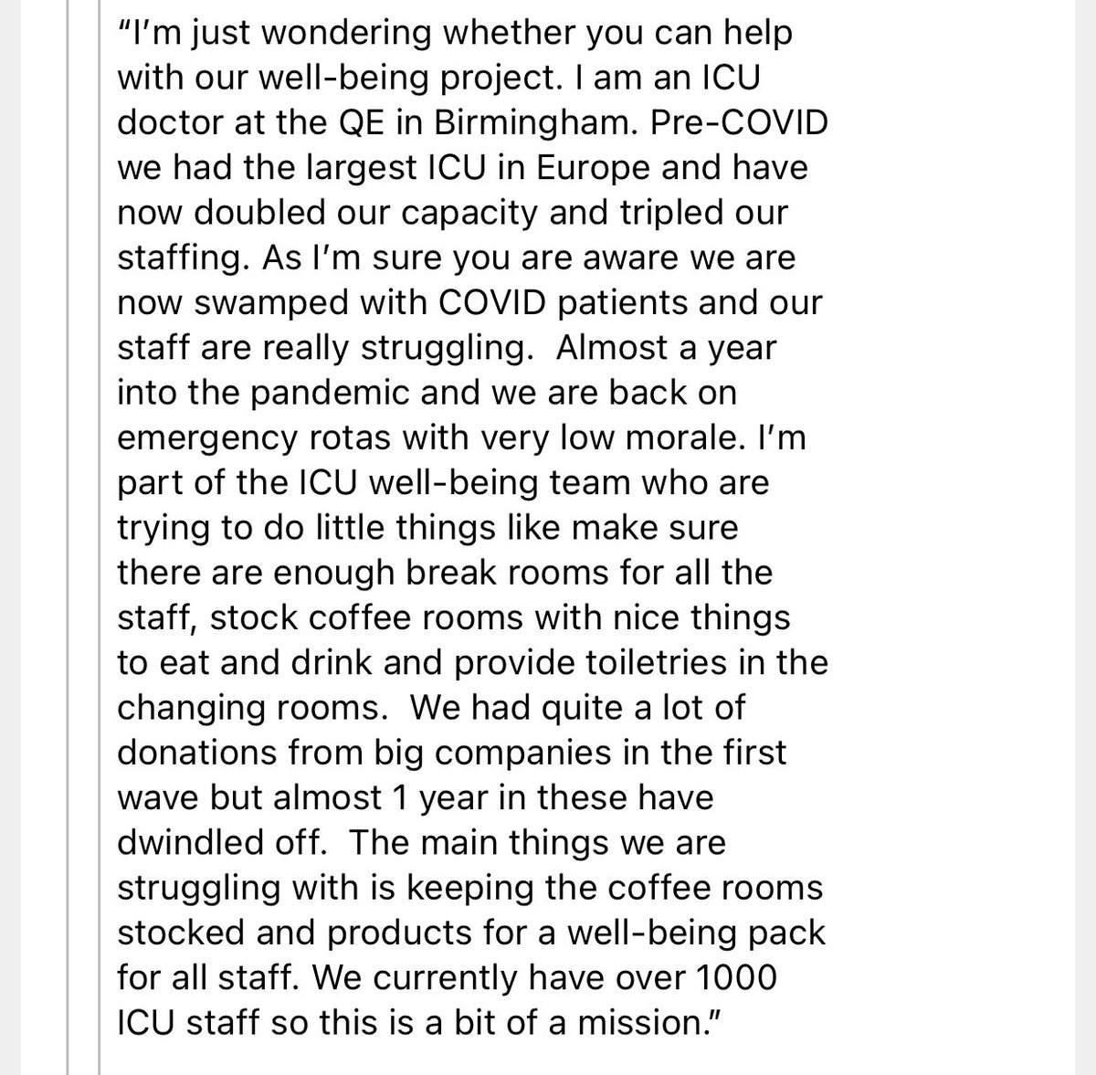 LindaAitchison's tweet image. That an ICU doctor has to write a message like this is shocking to me. Can you help? @Heroeshampers is coordinating efforts to supply these extraordinary people what they need. Please donate and RT hampersforheroes.net/donate/ #NHS