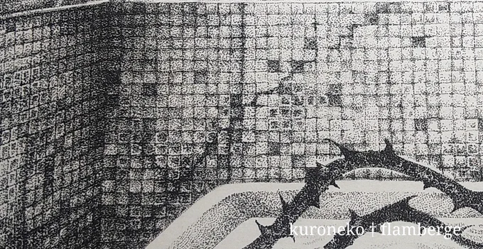 点描作業時にもし点を打ち間違えた時はどうするのか?当然インクは消しゴムで消すことはできません。多分砂消しゴムで消そうものなら紙がやられてインクが滲むでしょうから、そのまま描き加えていきます。後戻りは絶対にできないので。修正液を使うと台無しになるので修正液は絶対使いません? 