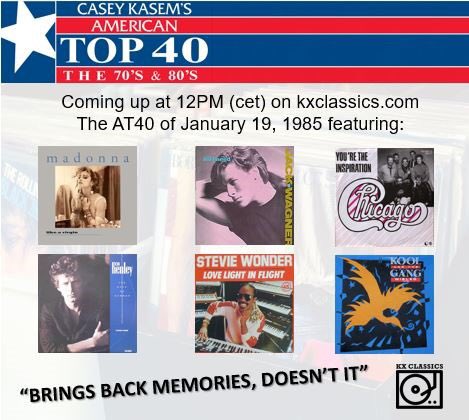KXclassics's tweet image. The American Top 40 takes us back to 1985. Tune in to kxclassics.com at 12PM (cet)
#Madonna #Chicago #Foreigner #PhilCollins #BryanAdams #DuranDuran