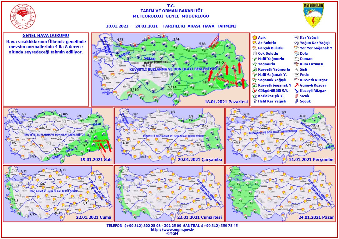 meteoroloji mgm on twitter haftalik hava durumu 18 24 ocak 2021 hava sicakliklarinin ulkemiz genelinde mevsim normallerinin 4 ila 8 derece altinda seyredecegi tahmin ediliyor https t co plc4ew5o8q twitter