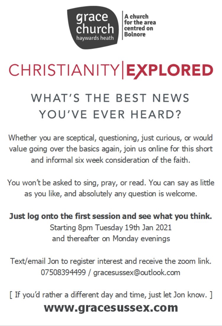 GraceChurchHH's tweet photo. We’d love you to join us for an online version of the well-known Christianity Explored course, starting this week. Further details below. #ChristianityExplored #Bolnore #HaywardsHeath https://t.co/eIZBVmjSGG