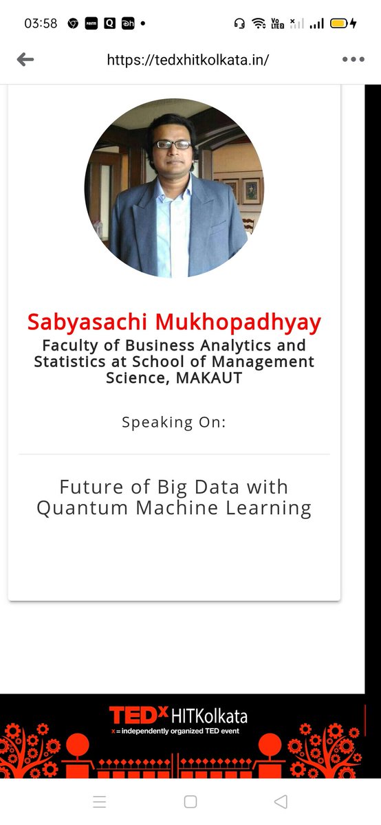 sabyasachi_uni's tweet photo. My 2nd #TEDxTalk Topic: Future of Big Data with Quantum Machine Learning. #BigData #ArtificialIntelligence #QuantumMachineLearning #MachineLearning #DeepLearning #DataScience #IBMQuantumExperience #TensorFlowQuantum #TensorFlow @TEDx_HIT @TEDx @TED_ED @TEDNews @TEDTalks #tedx https://t.co/ySDkO1tpoK