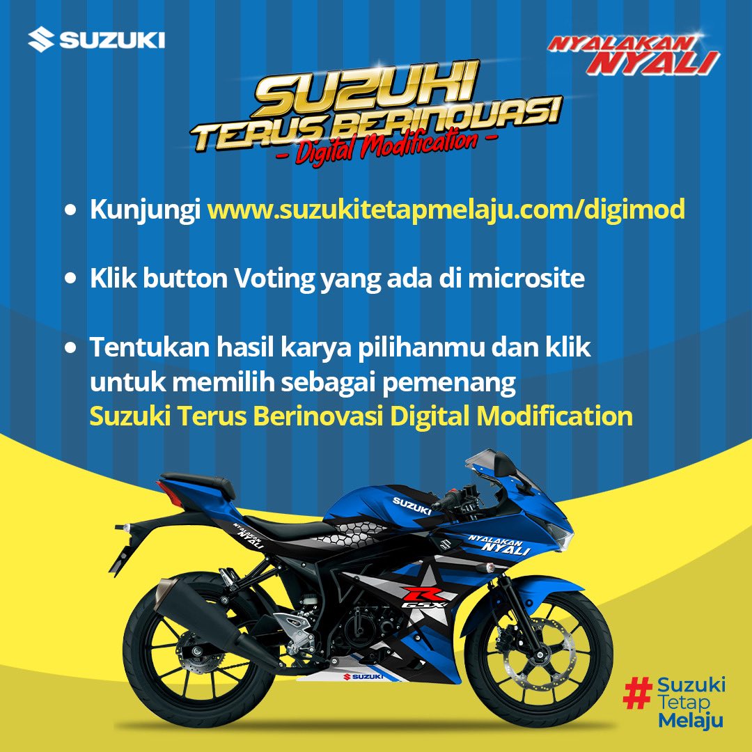 SuzukiMotorID's tweet photo. Ini dia hasil karya Suzuki Terus Berinovasi Digital Modification terbaik pilihan juri Atenx Katros, Iman Gearhead, dan Andre Signal. Selamat untuk BradSis yang terpilih!
#Suzuki #SuzukiIndonesia #NyalakanNyali #SuzukiTetapMelaju #SuzukiTerusBerinovasi #DigitalModification https://t.co/0Kl4AyUWBd