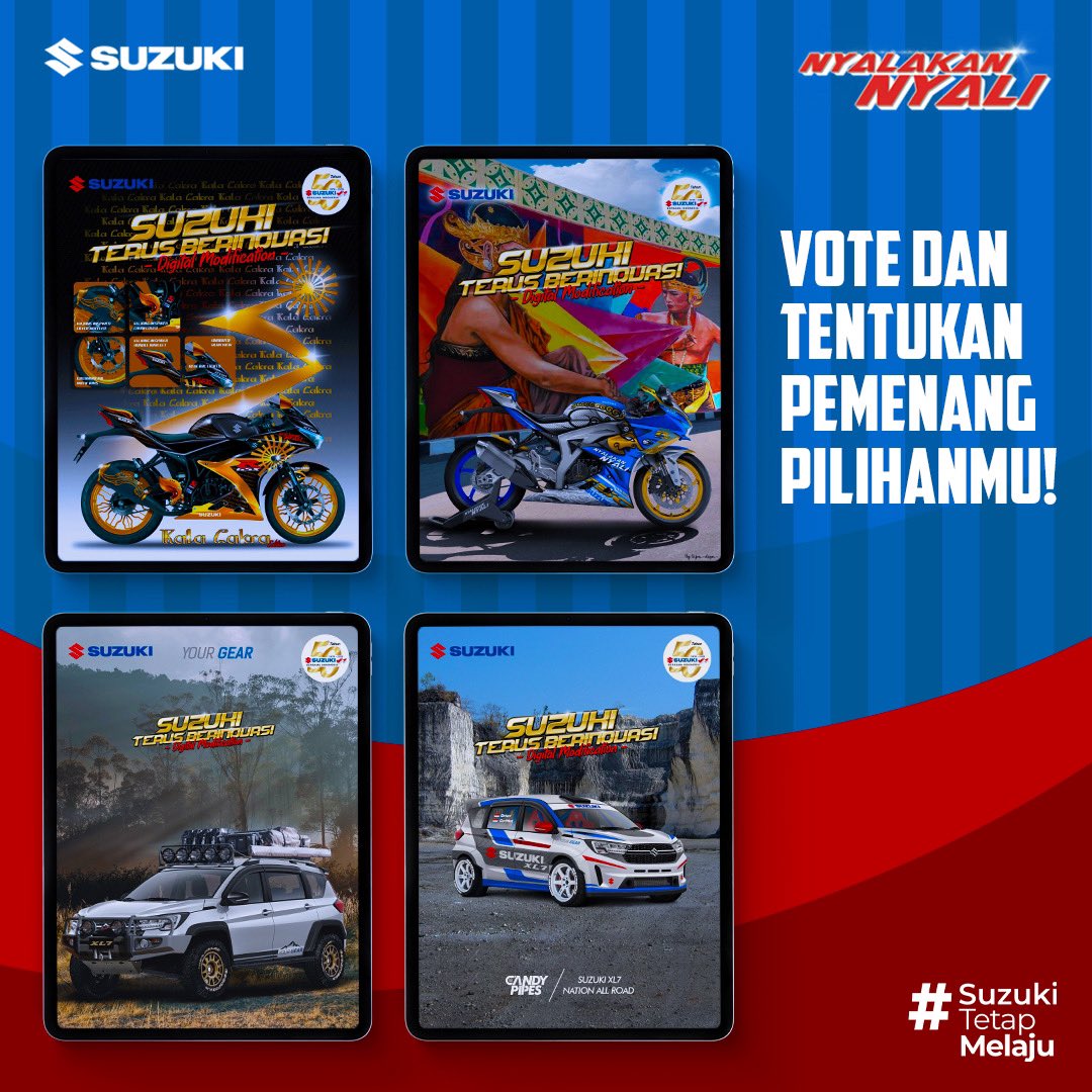 SuzukiMotorID's tweet photo. Ini dia hasil karya Suzuki Terus Berinovasi Digital Modification terbaik pilihan juri Atenx Katros, Iman Gearhead, dan Andre Signal. Selamat untuk BradSis yang terpilih!
#Suzuki #SuzukiIndonesia #NyalakanNyali #SuzukiTetapMelaju #SuzukiTerusBerinovasi #DigitalModification https://t.co/0Kl4AyUWBd