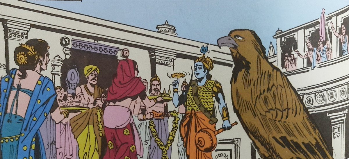 to him. But, Krishna's throw was perfect that the Gadha hurled him to the Ground and the Chakra killed him. Krishna soon killed king of Kashi with an arrow and his head went flying to Kashi.Thus Victorious Krishna was recieved by people of Dwaraka. Hare Krishna 