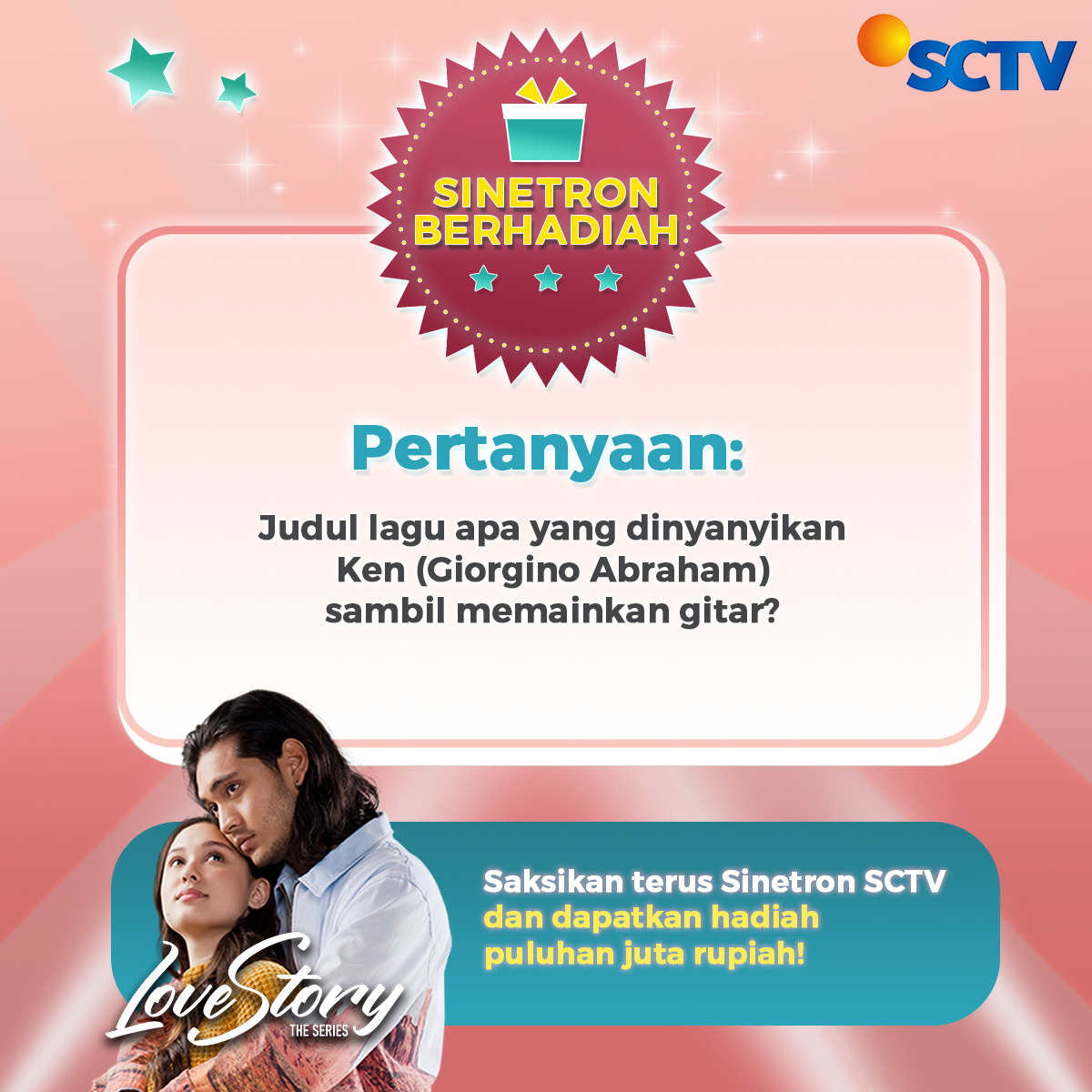 SCTV's tweet photo. Dapat kejutan dari nonton sinetron SCTV? 

Ingat-ingat pertanyaan yang satu ini, nonton #BukuHarianSeorangIstri dan temukan jawabannya! Ikuti mekanisme di slide kedua, ya. Semoga kamu yang beruntung ✨💰

#SCTVSinetron
#WajibNontonSCTV https://t.co/ouXwIPVmMD