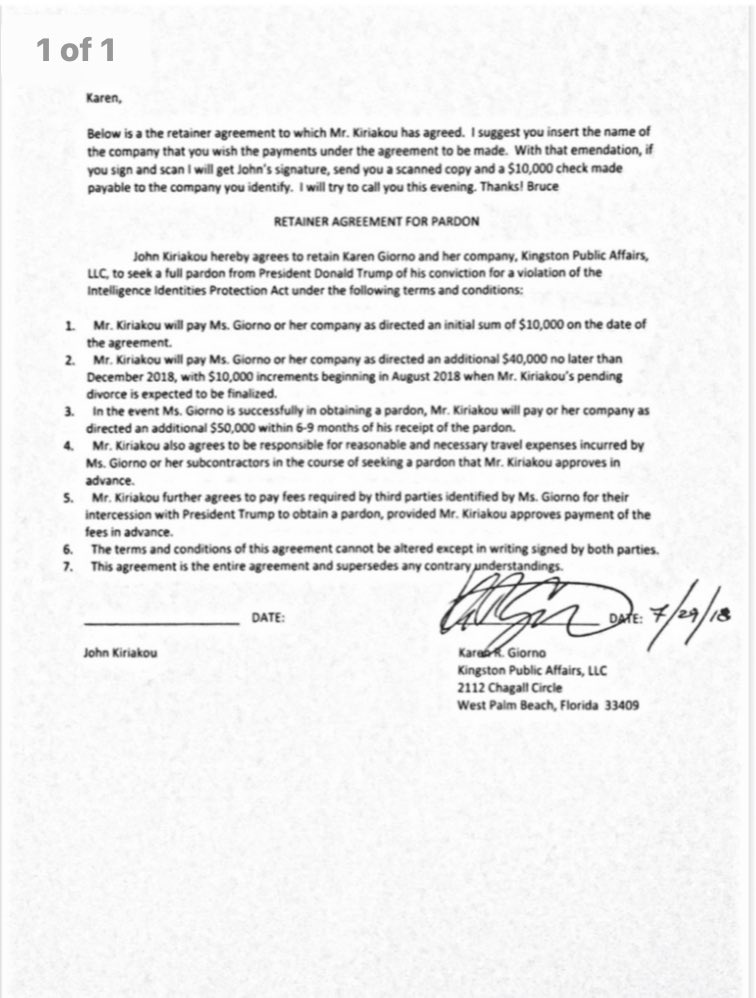 Here’s doc showing how former CIA agent John Kiriakou hired Trump campaign staffer Karen Giorno “to seek a full pardon from President Donald Trump” for $50,000. Deal had bonus: if Giorno got Trump to pardon Kiriakou she would receive additional $50,000  https://int.nyt.com/data/documenttools/john-kiriakou-karen-giorno/5127342fbd745ada/full.pdf