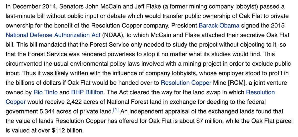The San Carlos Apache tribe has been fighting the transfer of this federal land to Rio Tinto for two decades. Read this extract below, for an insight into the breathtaking corruption at the heart of the US government. https://en.wikipedia.org/wiki/Oak_Flat_(Arizona)