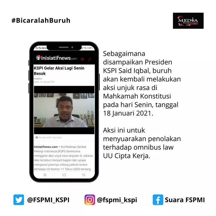 FSPMI_KSPI's tweet photo. Besok kita akn kembali turun ke jalan. Menyuarakan penolakan thp omnibus law #BatalkanUUCiptaKerja

Pastikan bhw gerakan ini akn mjdi benteng terakhir bgi perlindungan kaum buruh utk merebut kembali hak²nya yg terampas. Biarpun byk yg memilih diam, kita akn terus maju k hadapan https://t.co/wvXBgf4qh7
