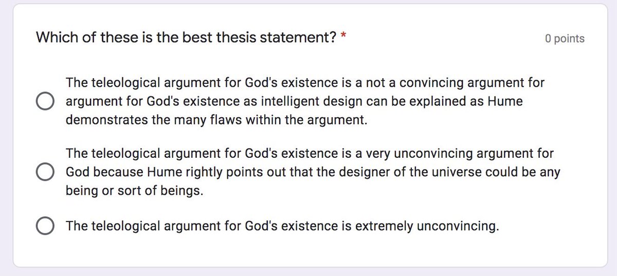 We use MCQs to check both knowledge and skills. Here is an example where we check students understanding of thesis statements.