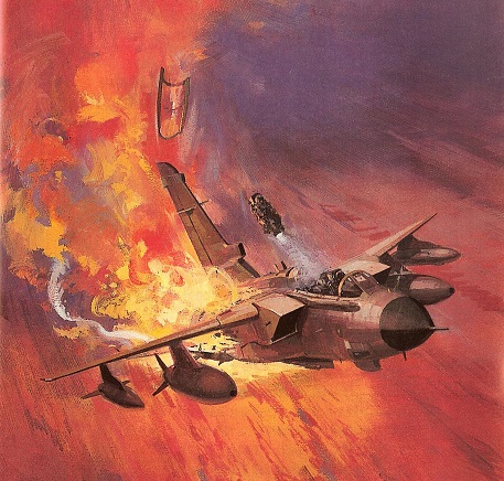 3/Fly for a minute or so trying to get towards borderGetting a tad warm & flames coming along the spine to my seat, & through right hand wing which looks about to come offEject!JP/JN war is overOur colleagues continue the fight far more successfully!Bits of our jet after: