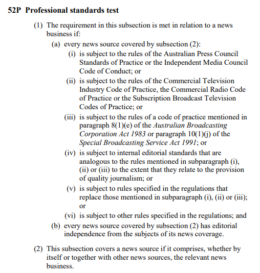 52P covers the standards required to register for the Code. In my view,  @newscorp does not meet the standards of the Press Council but we know nothing will be done about that so I won't go into it any further. 52P is pointless given all that we let Murdoch get away with.