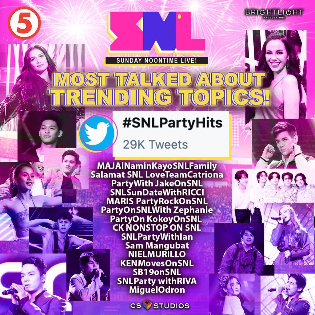officialSNLive's tweet photo. Maraming salamat sa pagmamahal, Team Live! Thank you for making us the top trending Musical Variety Show every Sunday! This is SUNDAY NOONTIME LIVE! #SNLPartyHits #CS_Studios #BrightlightProductions #TV5 https://t.co/7bEXkWMHkg