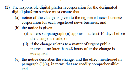 See here in section 52S (2)(c), it specifically states that digital platform must describe the change and the effect that it will have 'in terms that are readily comprehensible' which basically means 'tell us how to beat the algorithm'