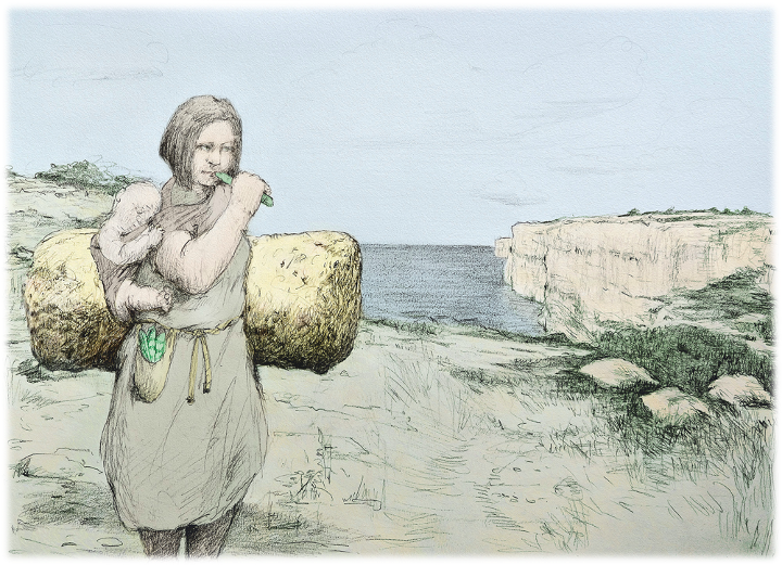 She carried a baby, either in her arm or a pocket. Sometimes she carried the baby in a cradle around her neck and back, a type of sling. In her other pocket she carried beans. She also carried a basket of lint or flax.  #Archaeology31  #Folklore  