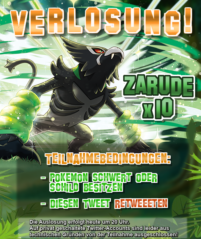 ++ VERLOSUNG ++

Gewinnt einen von insgesamt zehn Zarude-Downloadcodes für Pokémon Schwert/Schild! ^^

#SabiVerlost