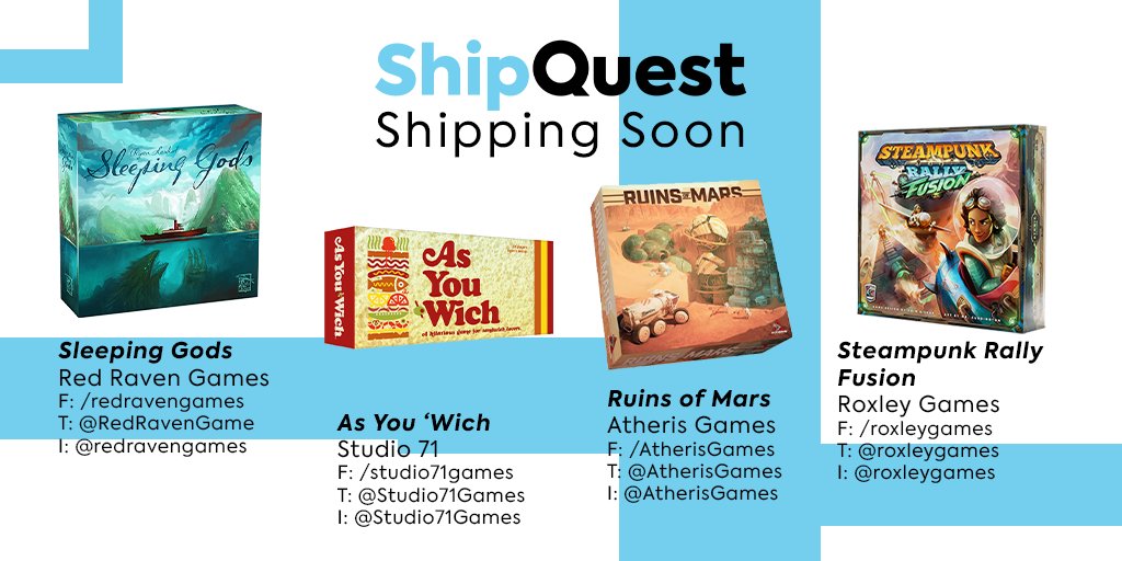 More games heading out from #ShipQuest soon. Keep an eye out on our blog for updates on all our upcoming projects.  <a href="/RedRavenGame/">Red Raven Games</a> @Studio71Games @AtherisGames <a href="/roxleygames/">Roxley</a> #kickstarter #boardgames #boardgame #boardgamegeek #tabletopgames #gaming