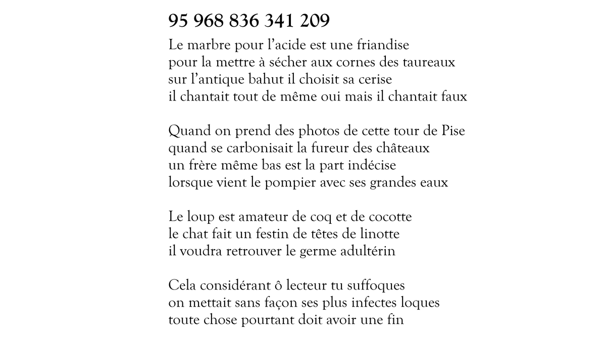 Voici le sonnet 95 968 836 341 209 sur 100 000 000 000 000. Il en reste 99 999 999 998 439 à tweeter. https://t.co/6Y6pbZaFpq