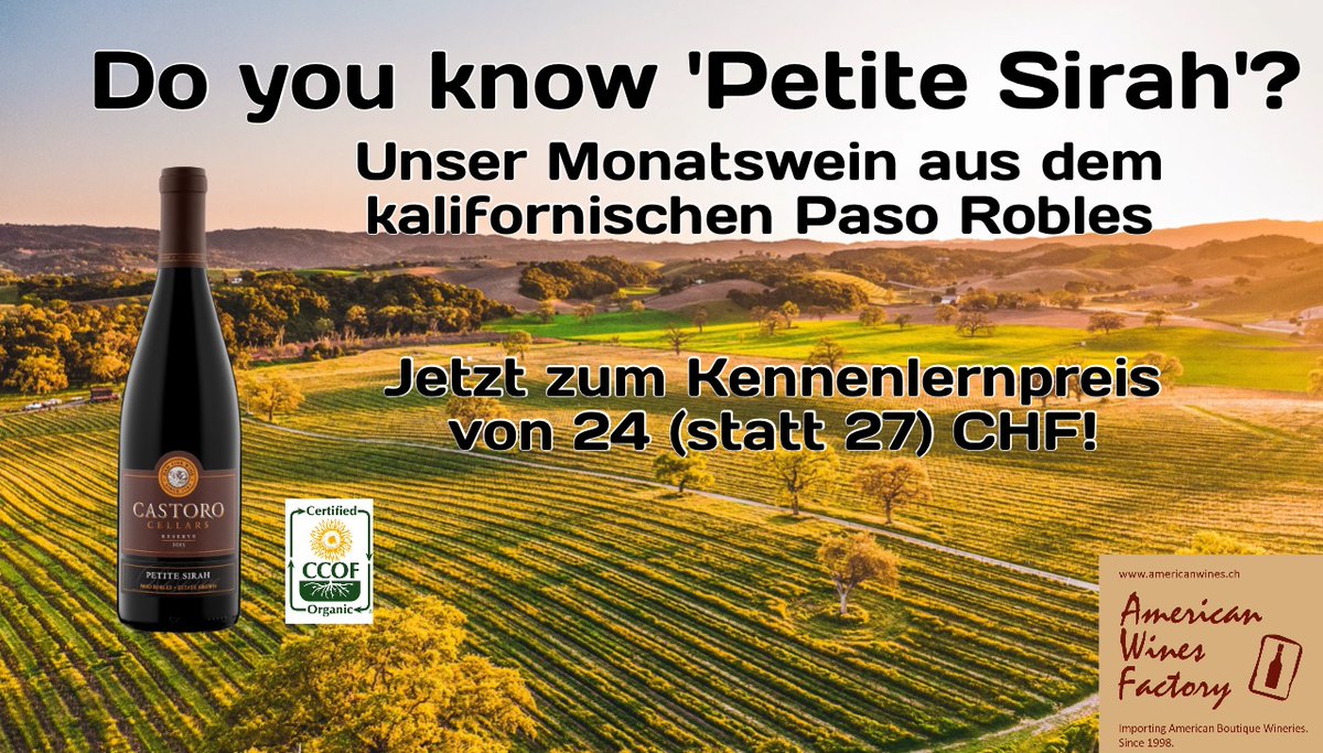 FactoryWines's tweet photo. Do you know 'Petite Sirah'? In Europa seit der grossen Reblausplage im 19. Jahrhundert ausgestorben. In den USA wird dieser Wein noch produziert. Und das Resultat kann sich schmecken lassen! Exklusiv bei #AmericanWinesFactory: https://t.co/hbEX6UXKMb https://t.co/pfff8sOlkJ