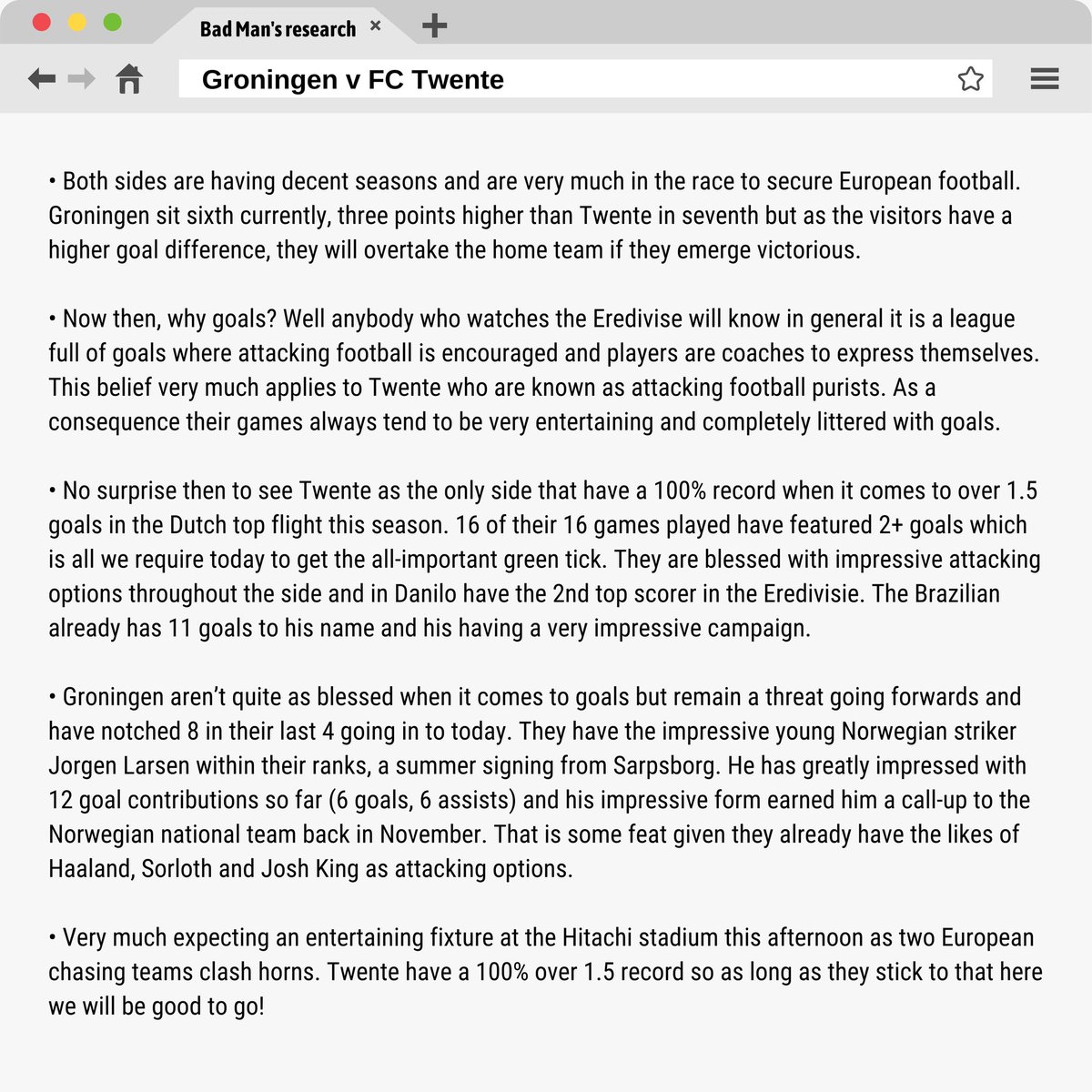 BadManBetting's tweet image. ⚽️ 2 or more goals in each of Groningen vs FC Twente &amp;amp; Crotone vs Benevento

That would’ve been Bet 2 of the Builder, the reasons for it are attached!

Feel free to use it however you like.
