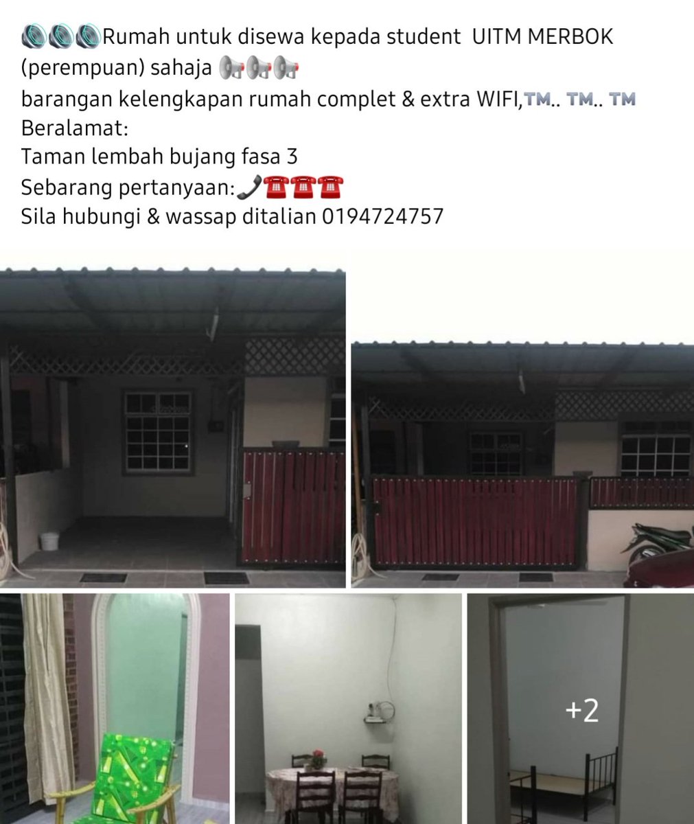 mirolsuper's tweet photo. Rumah Sewa Untuk Students Perempuan UITM Merbok.

Rumah dekat dengan UITM Merbok, dekat dengan Kedai Runcit &amp; Warung, dalam taman.

Rumah lawa gila baru lepas renovated sahaja.. sapa nak sewa call/Whatsapp no tu..

#UiTMmerbok 
#StudentUITMMerbok
#Rumahsewa https://t.co/gRgbxnyaNo