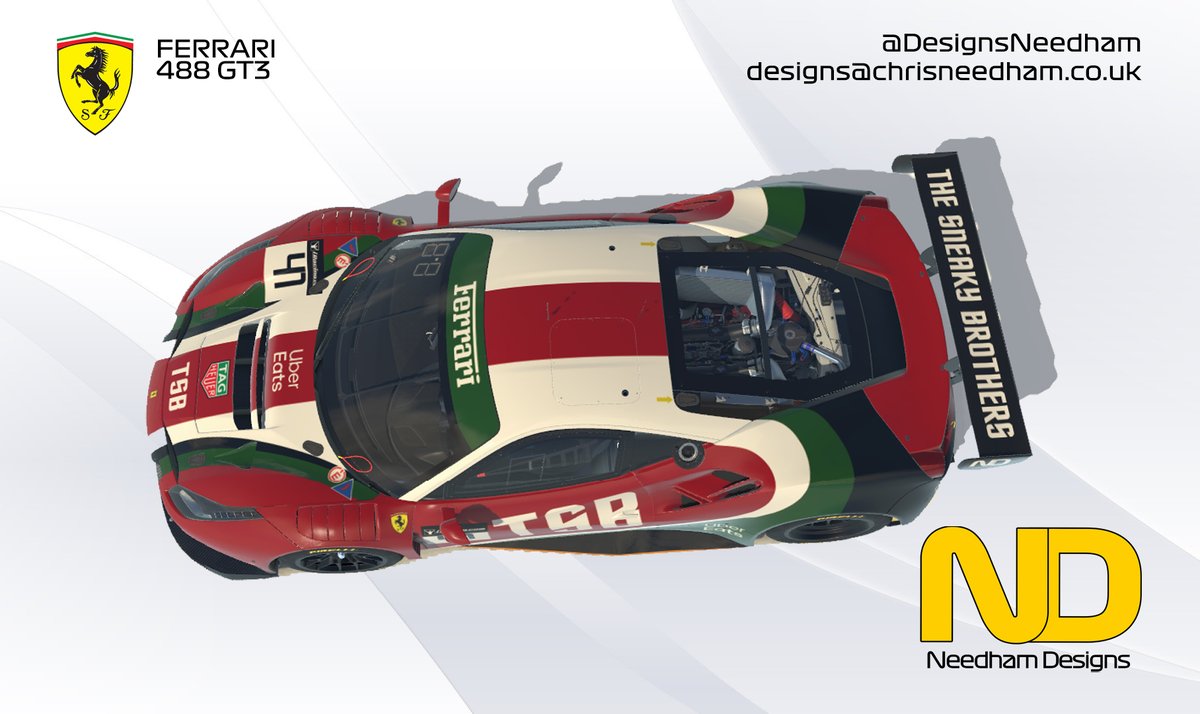 DesignsNeedham's tweet photo. Completed another clients #customlivery for The Sneaky Brothers team. @Ferrari 488 GT3 in Red/Black/Green/White with a little gold trim. @iRacing #customcarpaint #iracingpaint https://t.co/rHtNuHr2lA