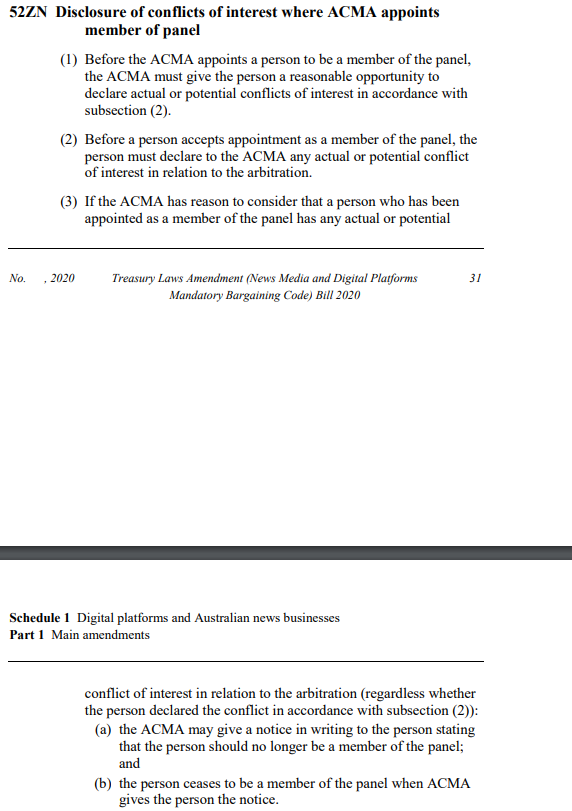 Once the panel is eventually determined, the ACMA gets to decide if the members have a conflict of interest. Naturally, the two companies involved in negotiation will try to pick panel members who are biased in their favor. DUH! Just let the ACMA pick the panel!