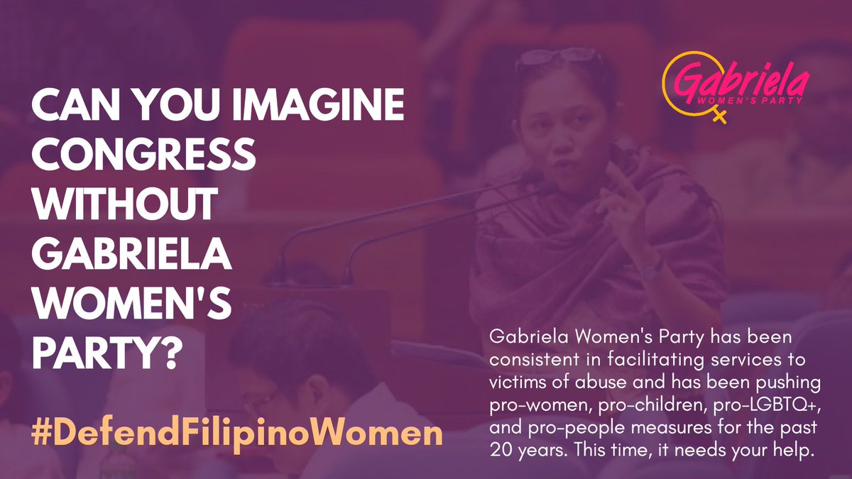 For the past 20 years, we have been consistent in facilitating services to victims of abuse & have been pushing pro-women, pro-children, pro-LGBTQ+ and pro-people bills. Yet the NTF-ELCAC, Duterte's red-tagging task force, still wants us out of Congress. #DefendFilipinoWomen