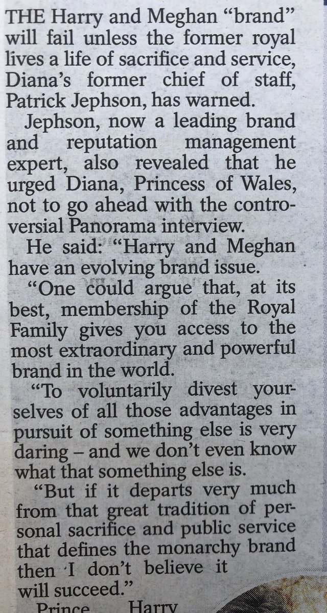 MTSundayExpress's tweet photo. #PatrickJephson talking to @marcogiann in the Sunday Express today.
Sadly, I don’t think ‘personal sacrifice’ is very high on Harry and Meghan’s agenda...
#Netflixriches https://t.co/dcrA8dw1F0