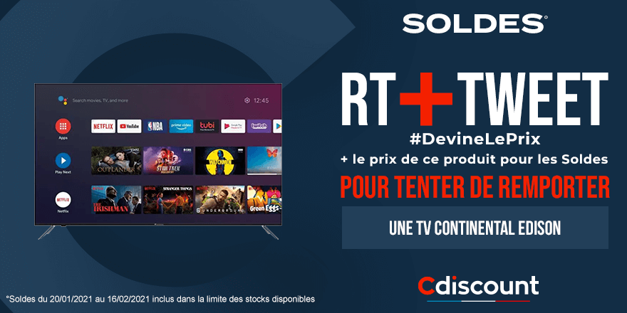 Cdiscount's tweet photo. #Concours 🎁

❓ Le prix de cette TV Continental Edison QLED 65' va baisser pour les soldes le 20/01 ➡ https://t.co/QmzTrtuJXz
Saurez-vous trouver son prix ? 

Pour tenter de la remporter : 
🔸 RT avec #DevineLePrix + le prix pour les soldes
🔸 Follow @Cdiscount

🍀 TAS le 20/01 https://t.co/YgLgGWjMcB
