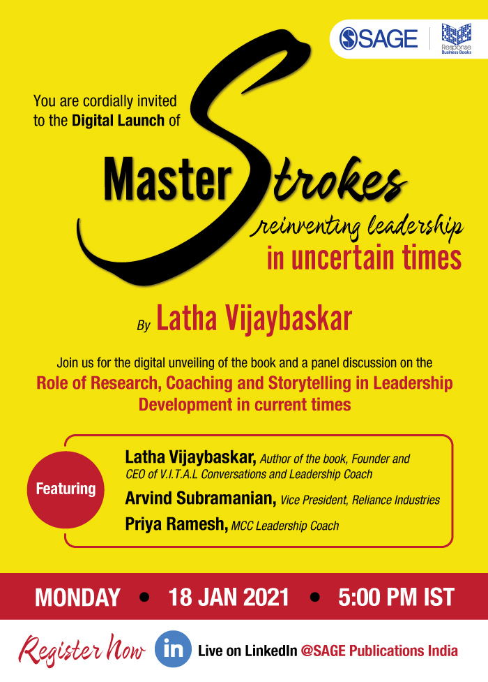 SagePubIndia's tweet photo. #BookRelease
Tune into the digital launch of Masterstrokes by @DrLathaVB!
Follow SAGE Publications India on #LinkedIn and tune in live.
Register NOW at https://t.co/rcOjZIuPtK
#SAGEResponse #digitalbooklaunch #Leadership #ReinventingLeadership #Changemaker https://t.co/DYrOJ8RY4I