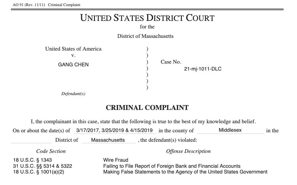 Thanks, Sheena. A few initial thoughts from the complaint (indictment expected to follow). To be clear, Chen is not accused of transmitting classified information. The charges are based on failing to disclose relationships and foreign funding (located abroad & transmissions). 1/6  https://twitter.com/SheenaGreitens/status/1350480331233775616