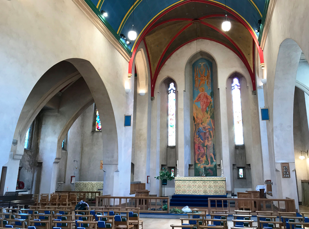 Just along The Avenue is the Church of the Ascension (1957), the last church designed by J.Harold Gibbons with Humphrys & Hurst. It features an altar mural by Hans Feibusch, depicting the Ascension  http://www.modernism-in-metroland.co.uk/ascension.html 