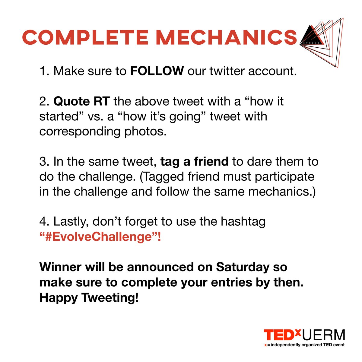 TEDxUERM's tweet photo. Want a chance to win a 50% off registration fee for this coming TEDx2021 | Evolve? Check out the complete mechanics here: https://t.co/WToeexHTvz