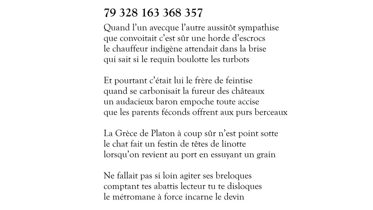 Voici le sonnet 79 328 163 368 357 sur 100 000 000 000 000. Il en reste 99 999 999 998 438 à tweeter. https://t.co/wLwoVrgmEf