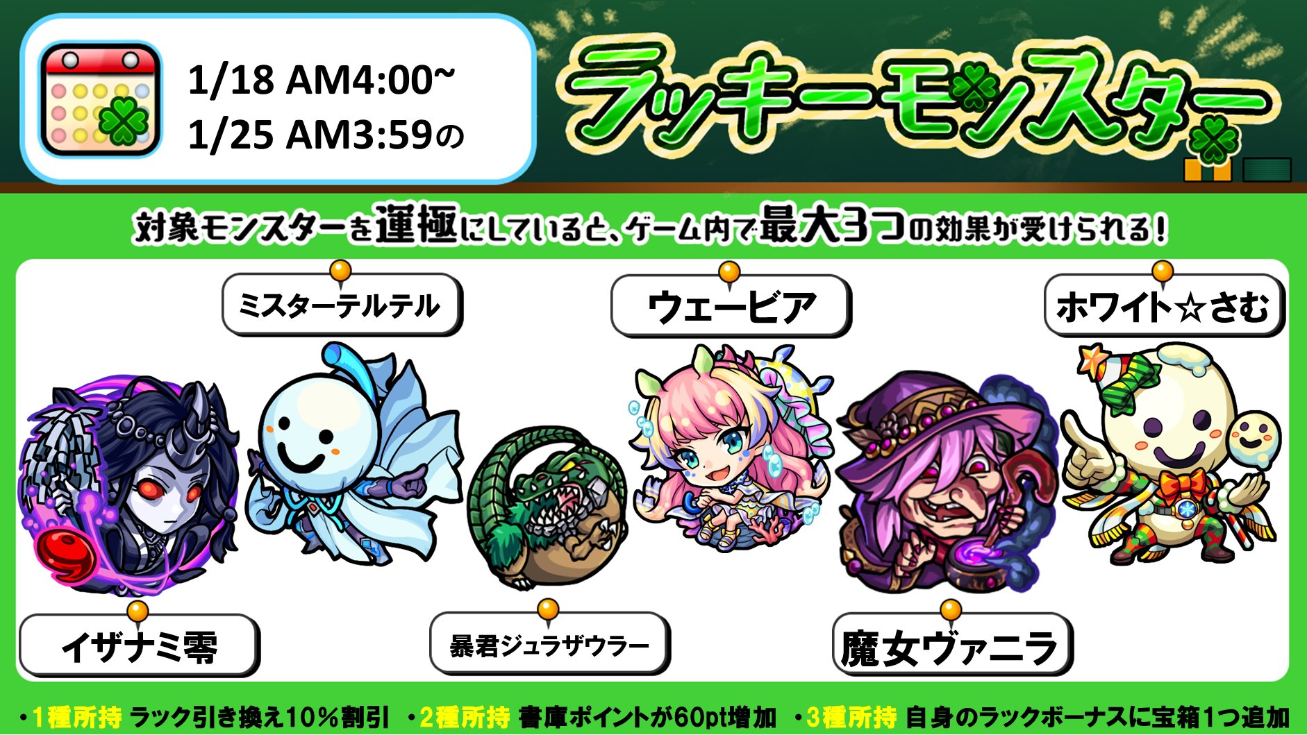 تويتر モンスターストライク公式 モンスト على تويتر 次回のラッキーモンスター 対象モンスターを運極にしている種類数に応じて 最大3つの効果が受けられます 詳細はこちら T Co Grzhh2l4c8 モンスト T Co Zy1wh2a56d