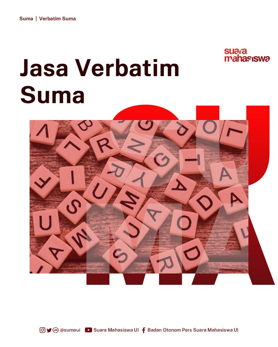 SumaUI's tweet photo. [JASA VERBATIM SUARA MAHASISWA UI]

Males ngetik hasil wawancara? Mau verbatim tpi mager? Yuk #disumaaja

Kita buka jasa verbatim lho!

P.s: bukan jasa joki tugas

#verbatimSumaUI #jasaverbatim #jasatranskripaudio #transkripaudio #verbatimaudio #jasamengerjakantugas #disumaaja https://t.co/mPV0T05Xmd