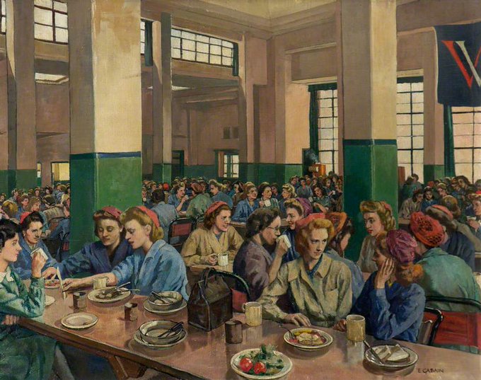 Women Workers in the Canteen at Williams &amp; Williams, Chester (1940s) by Ethel Leontine Gabain, commissioned as a UK WW2 artist #womensart