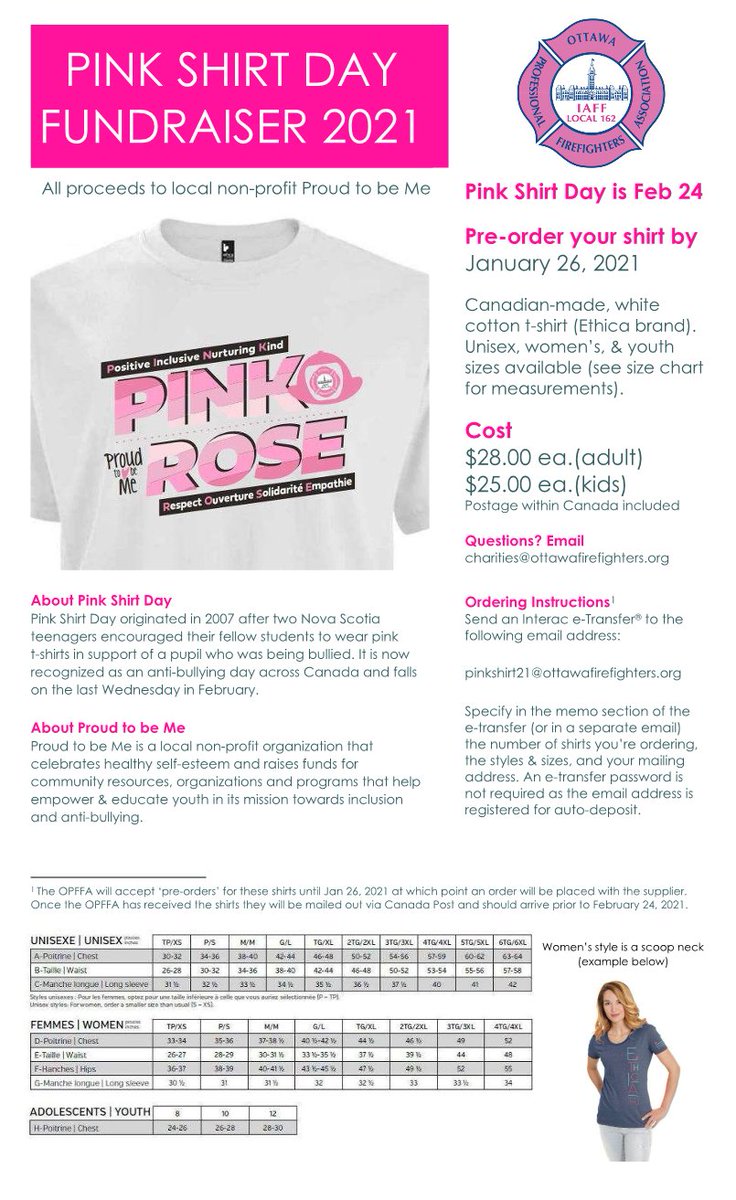 We stand against bullying &amp; need your help! Feb 24 is #PinkShirtDay &amp; we're selling these shirts to raise money for <a href="/PTBMca/">Proud to be Me</a>. To order send an Interac e-Transfer® &amp; a Cdn. mailing address to pinkshirt21@ottawafirefighters.org.

<a href="/opffa/">OPFFA</a> <a href="/ErikKarlsson65/">Erik Karlsson</a> <a href="/MelindaCurrey/">Melinda Karlsson</a> 
<a href="/ThomasChabot1/">Thomas Chabot</a>