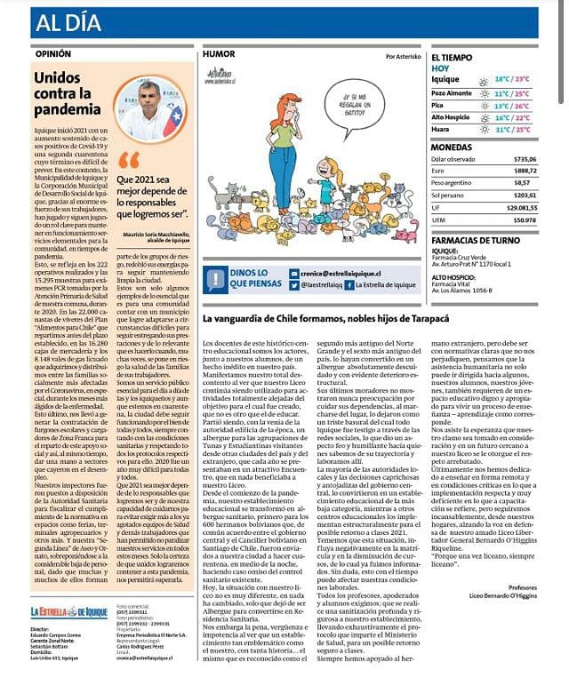 MauroSoriaM's tweet photo. Hola a todas y todos!

Hoy comparto columna del diario @laestrellaiqq en la que agradezco el esfuerzo que, durante 2020, entregaron trabajadores de @IquiqueDeTodos y Cormudesi para no dejar de servir a la comunidad cuando más lo necesitaba

Saludos y que tengan un buen Domingo. https://t.co/lHnF8LlMs4