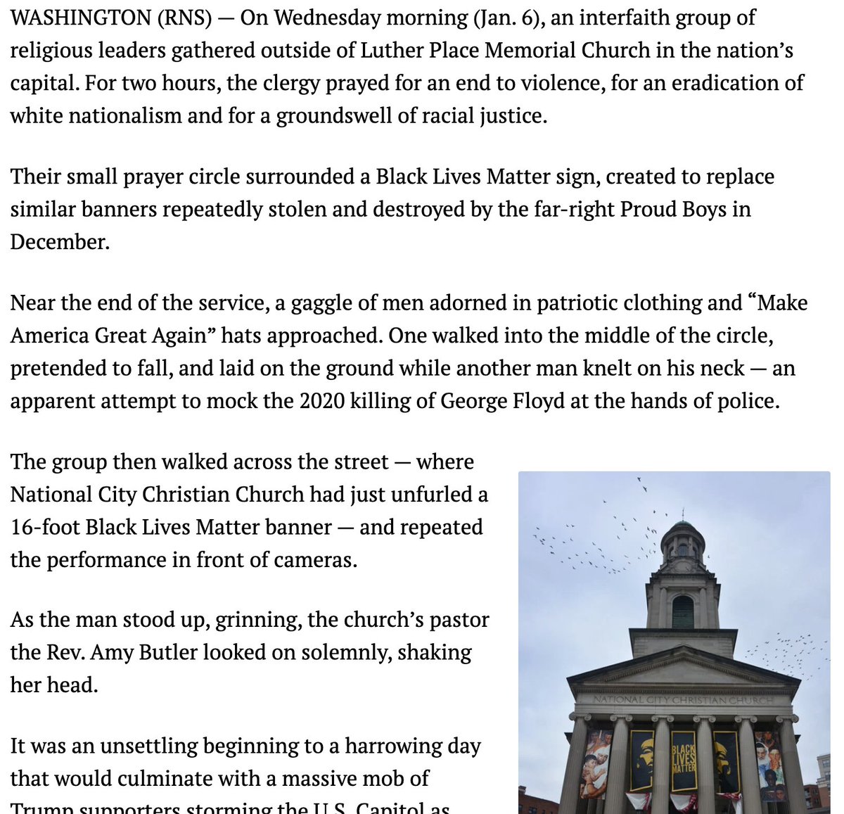 1. There's lots of focus on insurrectionist faith during the Capitol attack, and rightfully so.But worth noting OTHER faith expressions that day—like liberal clergy who led a protest vigil next to a BLM sign in DC.People in Trump gear harassed them. https://religionnews.com/2021/01/06/as-chaos-hits-capitol-two-forms-of-faith-on-display/
